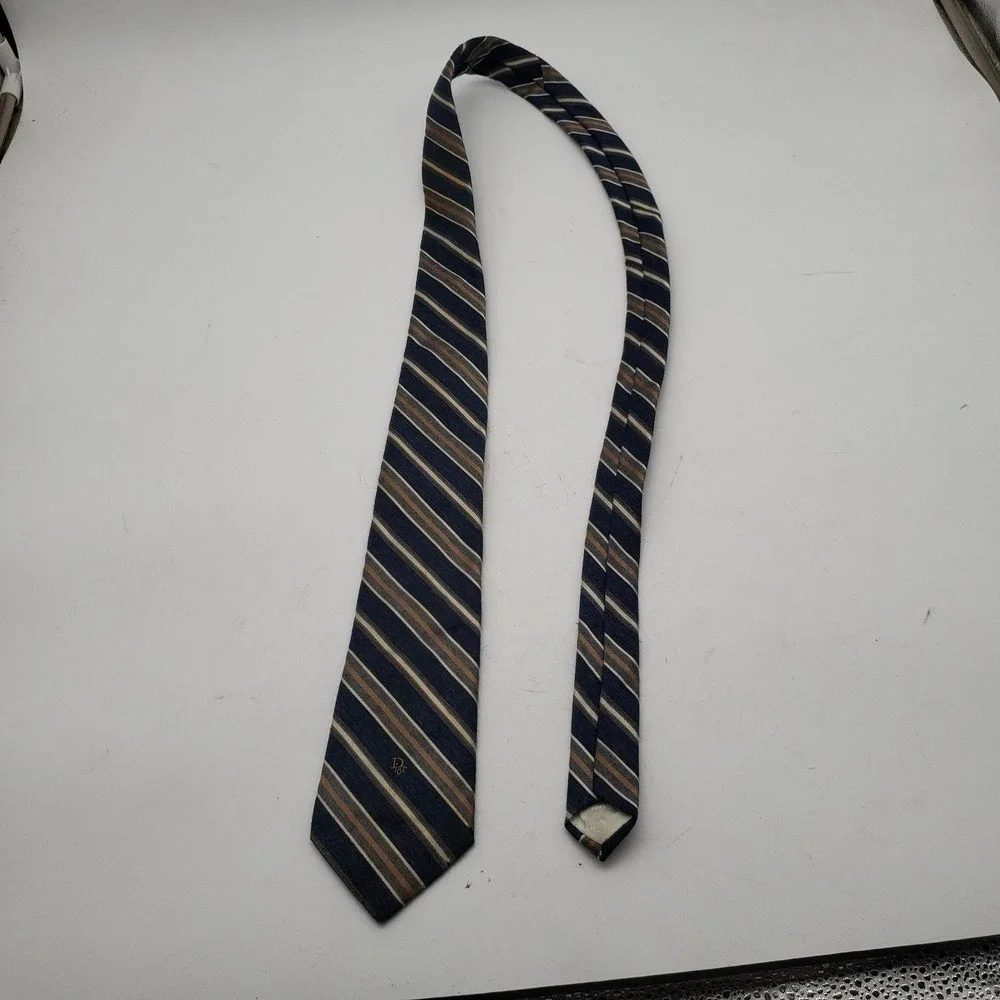 Christian Dior Tie‎ Mens One Size Blue Striped Woven Logo Designer Short Classic